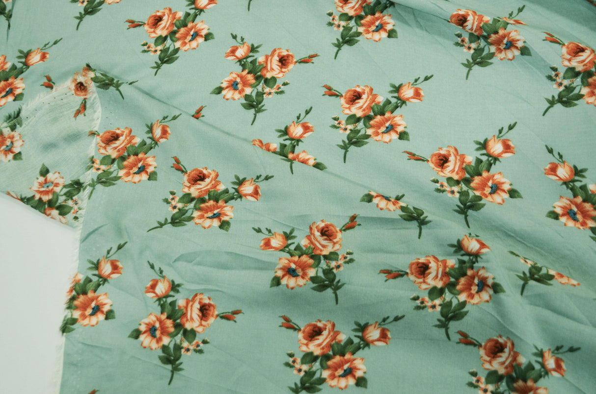 Love Flower Rayon Challis Fabric by the Continuous Yard | 60" Wide | Floral Rayon Challis Fabric | Rayon Challis for Dresses and Skirts | Fabric mytextilefabric 3"x3" Sample Swatch Seafoam Green