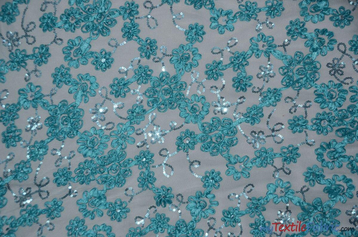 Luxury Mesh Embroidery Fabric | Embroidered Mesh Bridal Lace | 54" Wide | Multiple Colors | Fabric mytextilefabric Yards Aqua