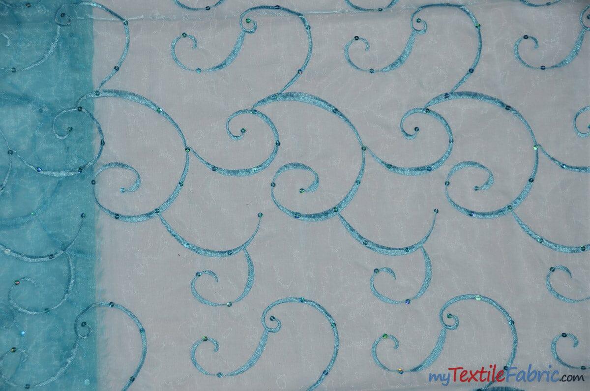 Ferial Organza Embroidery Fabric | Embroidered Floral Sheer with Sequins Embellishment | 54" Wide | Multiple Colors | Fabric mytextilefabric Yards Aqua