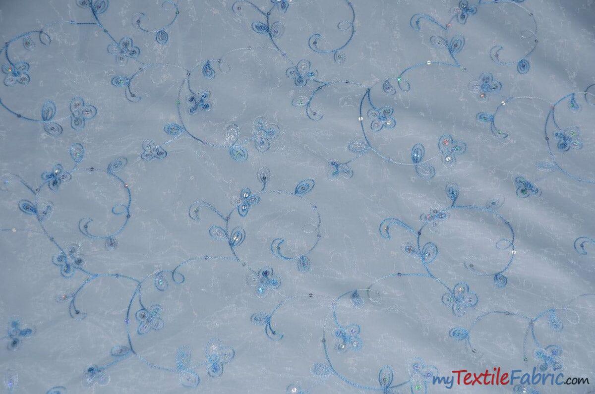 Dahlia Organza Embroidery Fabric | Embroidered Floral Sheer with Sequins Embellishment | 54" Wide | Multiple Colors | Fabric mytextilefabric Yards Baby Blue