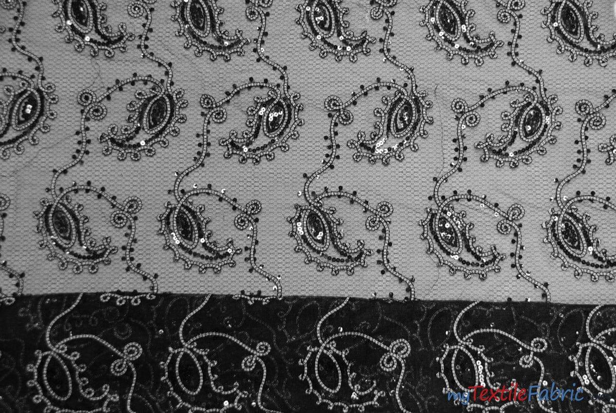 Coco Paisley Sheer Embroidery | Double Scallop Lace | 52" Wide | Fabric mytextilefabric Yards Black White