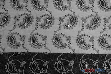 Load image into Gallery viewer, Coco Paisley Sheer Embroidery | Double Scallop Lace | 52&quot; Wide | Fabric mytextilefabric Yards Black White 
