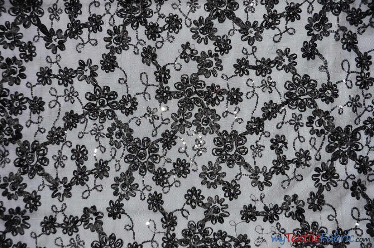 Luxury Mesh Embroidery Fabric | Embroidered Mesh Bridal Lace | 54" Wide | Multiple Colors | Fabric mytextilefabric Yards Black