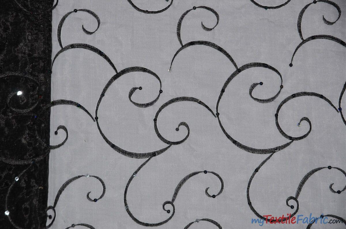 Ferial Organza Embroidery Fabric | Embroidered Floral Sheer with Sequins Embellishment | 54" Wide | Multiple Colors | Fabric mytextilefabric Yards Black