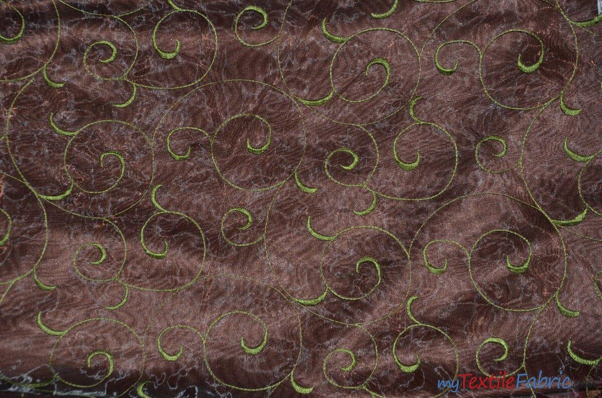 Swirl Organza Fabric | Embroidered Swirl Sheer | 54" Wide | Multiple Colors | Fabric mytextilefabric Yards Brown Lime