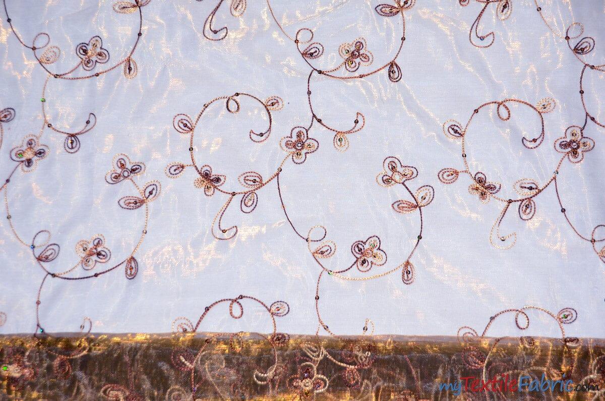 Dahlia Organza Embroidery Fabric | Embroidered Floral Sheer with Sequins Embellishment | 54" Wide | Multiple Colors | Fabric mytextilefabric Yards Brown