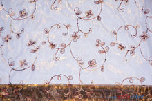 Load image into Gallery viewer, Dahlia Organza Embroidery Fabric | Embroidered Floral Sheer with Sequins Embellishment | 54&quot; Wide | Multiple Colors | Fabric mytextilefabric Yards Brown 
