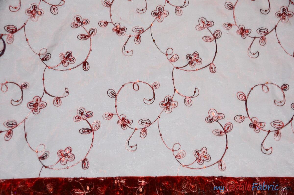 Dahlia Organza Embroidery Fabric | Embroidered Floral Sheer with Sequins Embellishment | 54" Wide | Multiple Colors | Fabric mytextilefabric Yards Burgundy