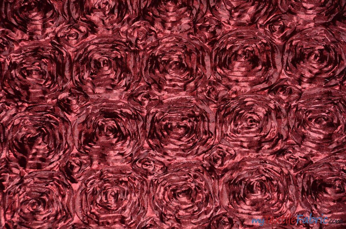 Rosette Satin Fabric | Wedding Satin Fabric | 54" Wide | 3d Satin Floral Embroidery | Multiple Colors | Continuous Yards | Fabric mytextilefabric Yards Burgundy