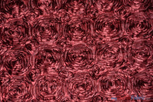 Load image into Gallery viewer, Rosette Satin Fabric | Wedding Satin Fabric | 54&quot; Wide | 3d Satin Floral Embroidery | Multiple Colors | Continuous Yards | Fabric mytextilefabric Yards Burgundy 
