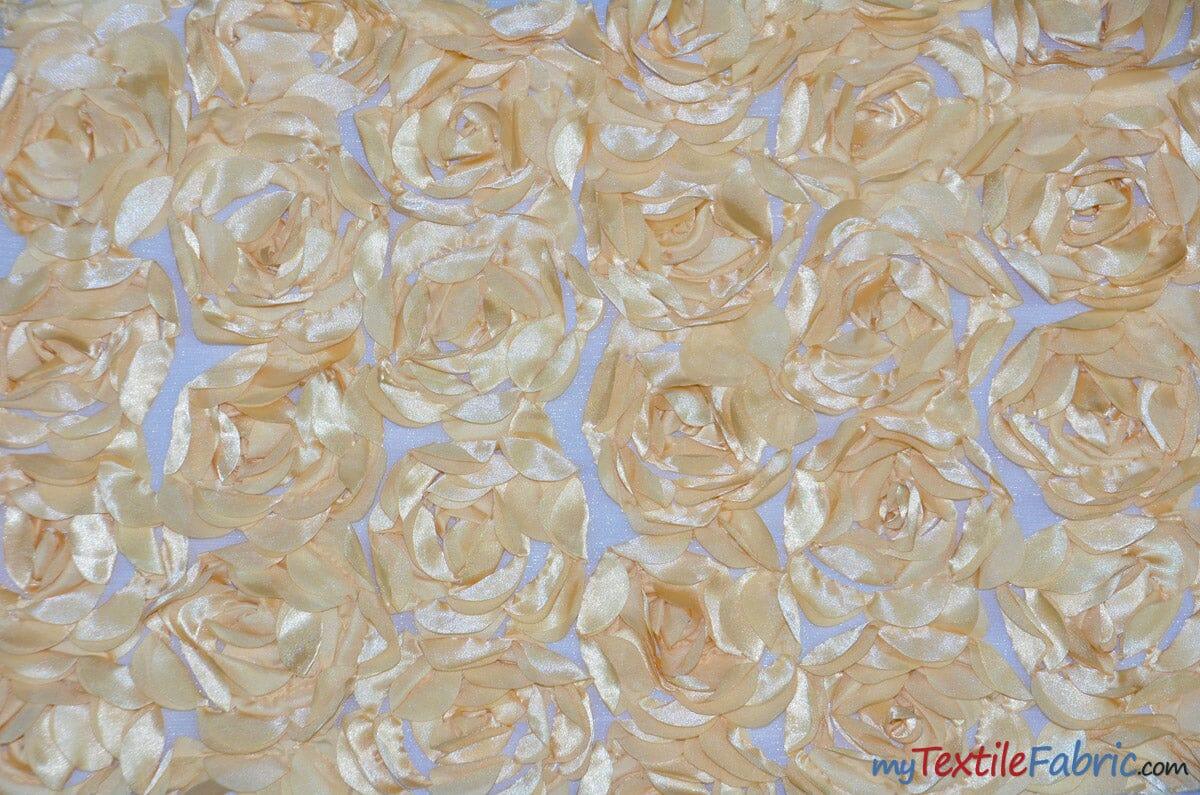 Rosette Satin Bordeaux Fabric | Rose Bordeaux Satin | 52" wide | 3d Floral Satin Embroidered on a Mesh | Multiple Colors | Fabric mytextilefabric Yards Champagne