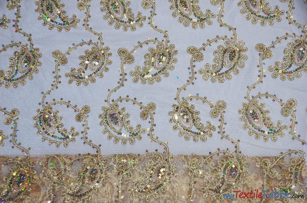 Coco Paisley Sheer Embroidery | Double Scallop Lace | 52" Wide | Fabric mytextilefabric Yards Champagne
