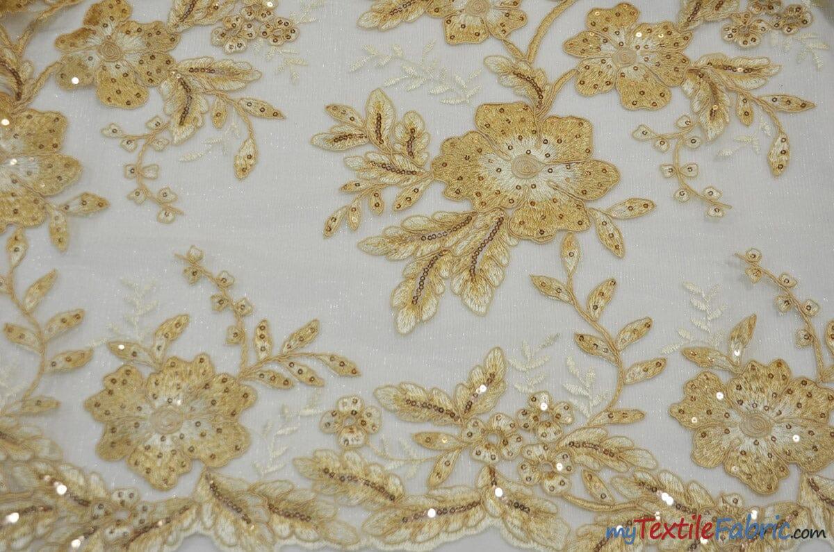 Edith Embroidery Fabric | Bridal Lace Design with Sequins | 52" Wide | Multiple Colors | Fabric mytextilefabric Yards Champagne