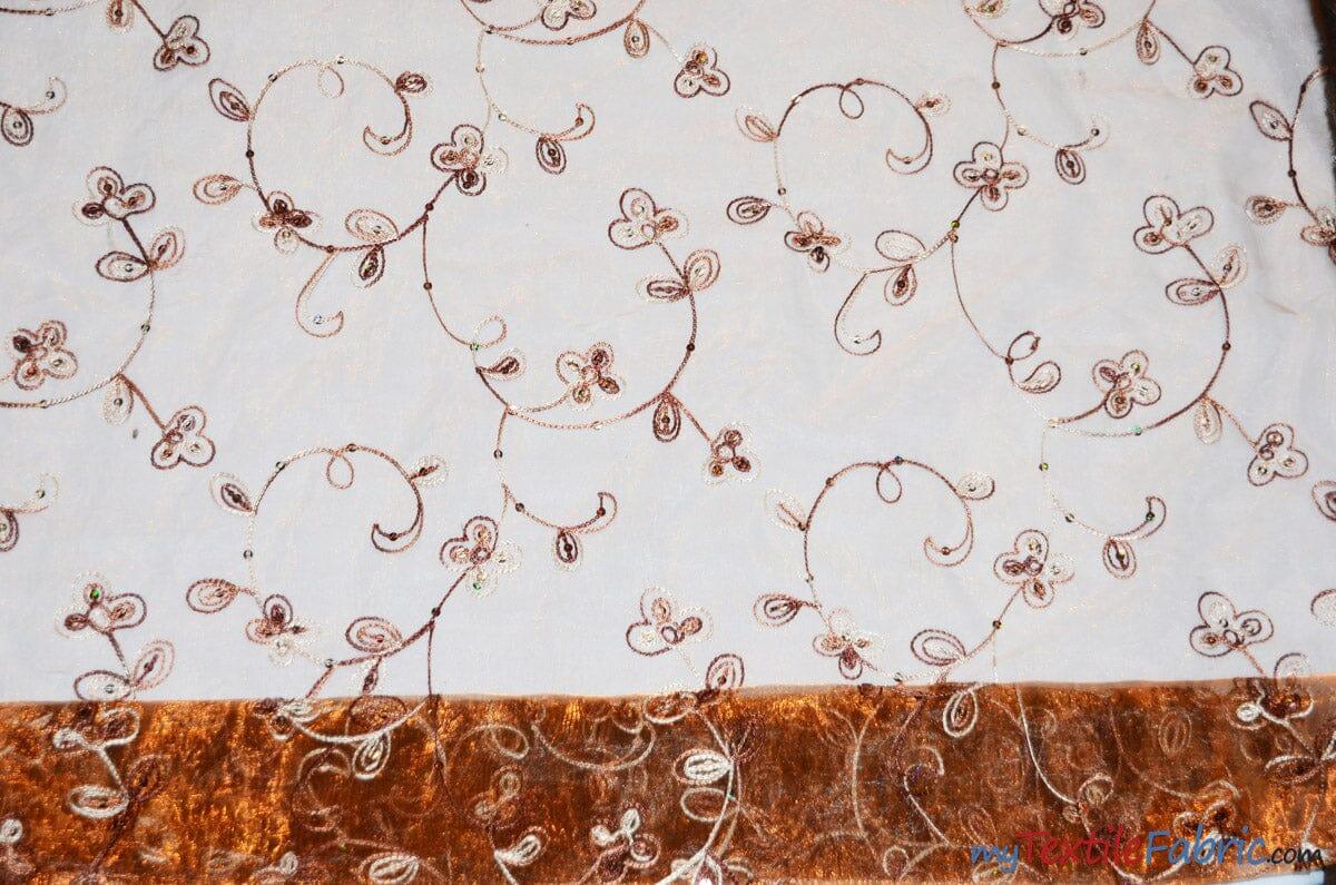 Dahlia Organza Embroidery Fabric | Embroidered Floral Sheer with Sequins Embellishment | 54" Wide | Multiple Colors | Fabric mytextilefabric Yards Copper