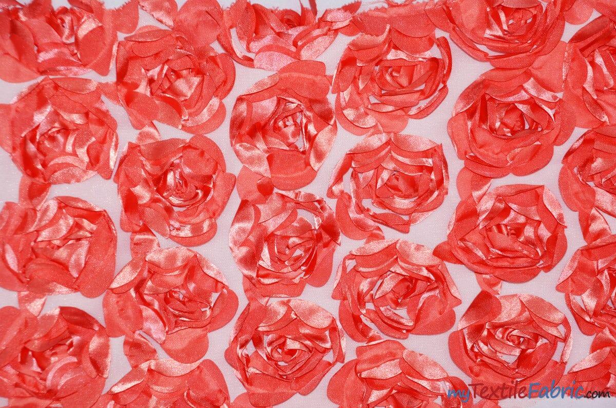 Rosette Satin Bordeaux Fabric | Rose Bordeaux Satin | 52" wide | 3d Floral Satin Embroidered on a Mesh | Multiple Colors | Fabric mytextilefabric Yards Coral