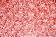 Load image into Gallery viewer, Rosette Satin Fabric | Wedding Satin Fabric | 54&quot; Wide | 3d Satin Floral Embroidery | Multiple Colors | Continuous Yards | Fabric mytextilefabric Yards Coral 
