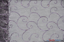 Load image into Gallery viewer, Ferial Organza Embroidery Fabric | Embroidered Floral Sheer with Sequins Embellishment | 54&quot; Wide | Multiple Colors | Fabric mytextilefabric Yards Dark Lilac 
