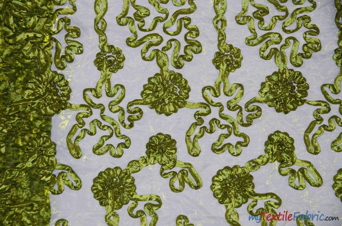Luxury Organza Embroidery Fabric | Embroidered Ribbon Organza | 54" Wide | Multiple Colors | Fabric mytextilefabric Yards Dark Lime