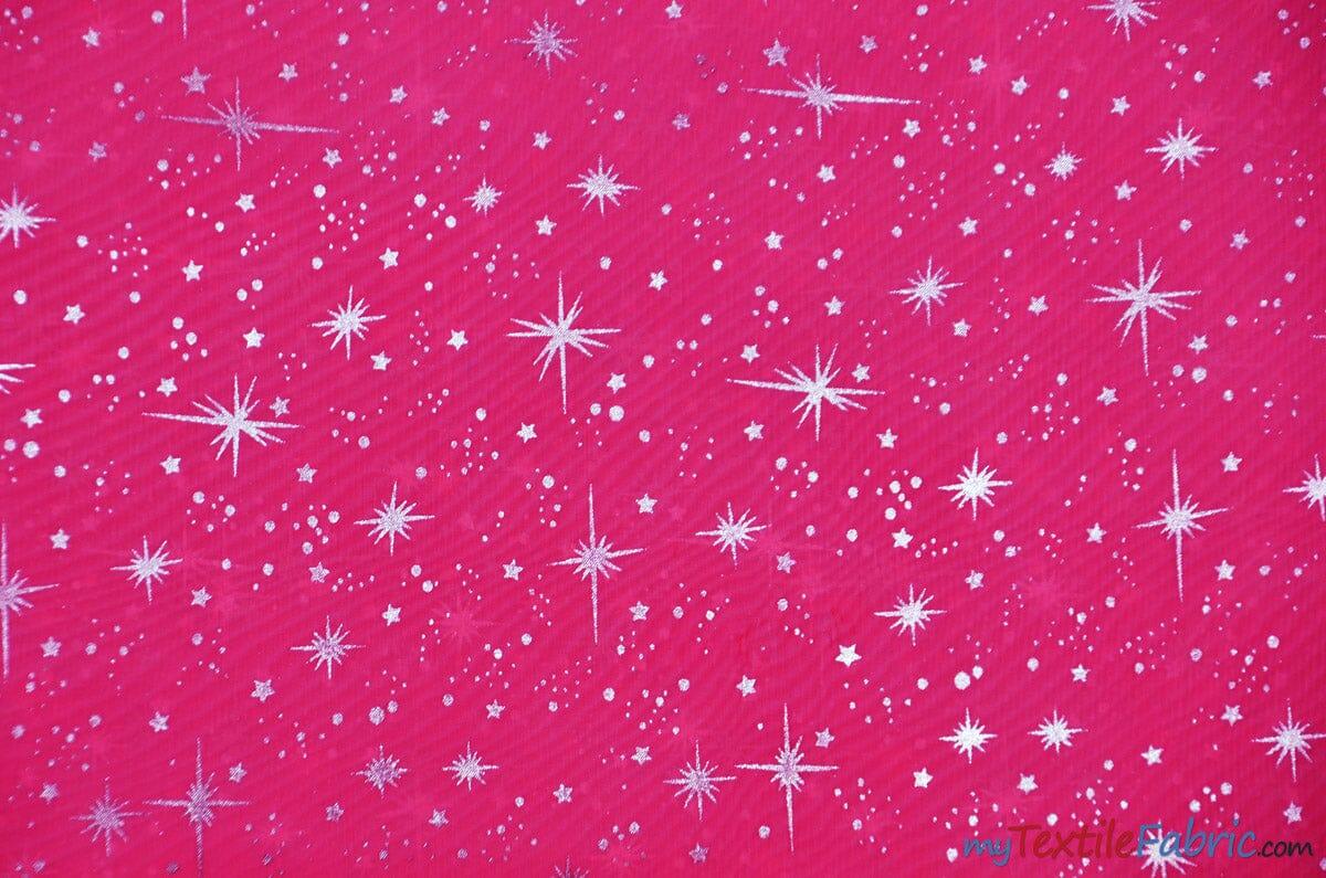 Shooting Star Foil Organza Fabric| 60" Wide | Sheer Organza with Foil Silver Metallic Star | Decor, Overlays, Accents, Dresses, Apparel | Fabric mytextilefabric Yards Fuchsia