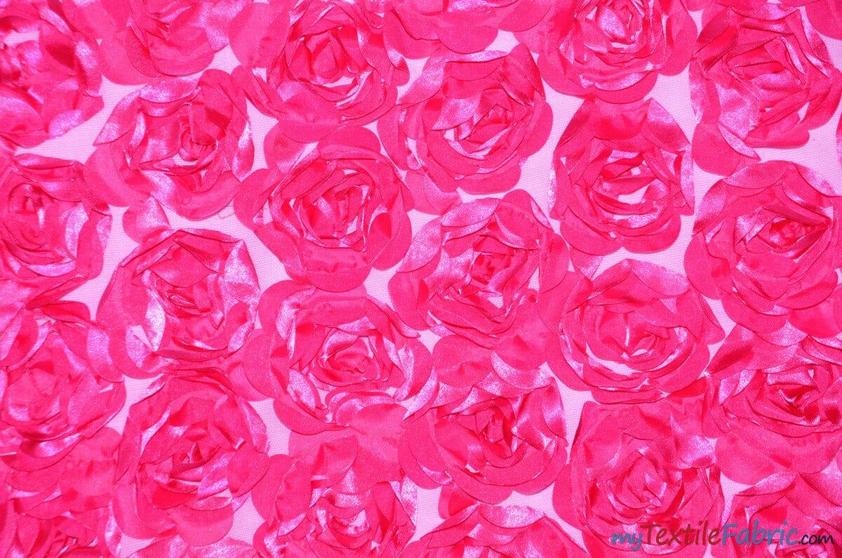 Rosette Satin Bordeaux Fabric | Rose Bordeaux Satin | 52" wide | 3d Floral Satin Embroidered on a Mesh | Multiple Colors | Fabric mytextilefabric Yards Fuchsia