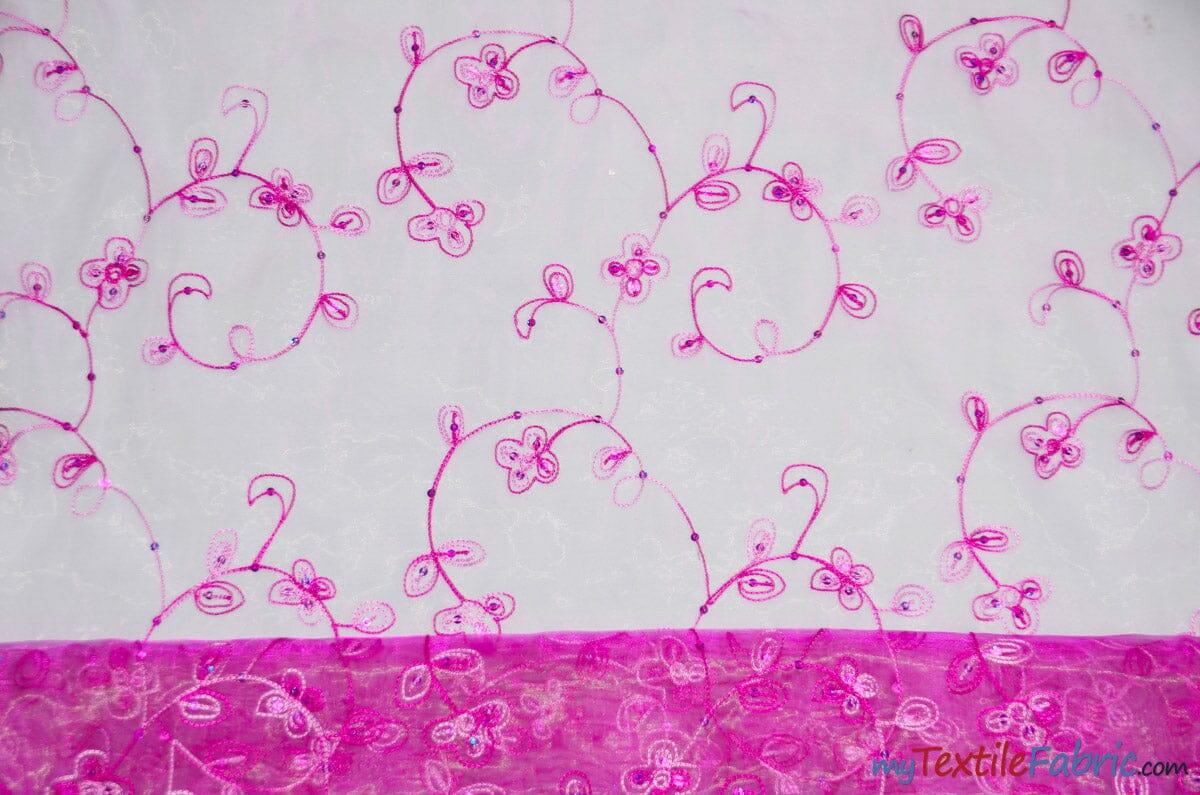 Dahlia Organza Embroidery Fabric | Embroidered Floral Sheer with Sequins Embellishment | 54" Wide | Multiple Colors | Fabric mytextilefabric Yards Fuchsia