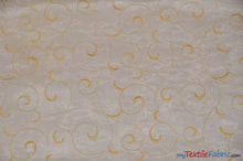 Load image into Gallery viewer, Swirl Organza Fabric | Embroidered Swirl Sheer | 54&quot; Wide | Multiple Colors | Fabric mytextilefabric Yards Gold 
