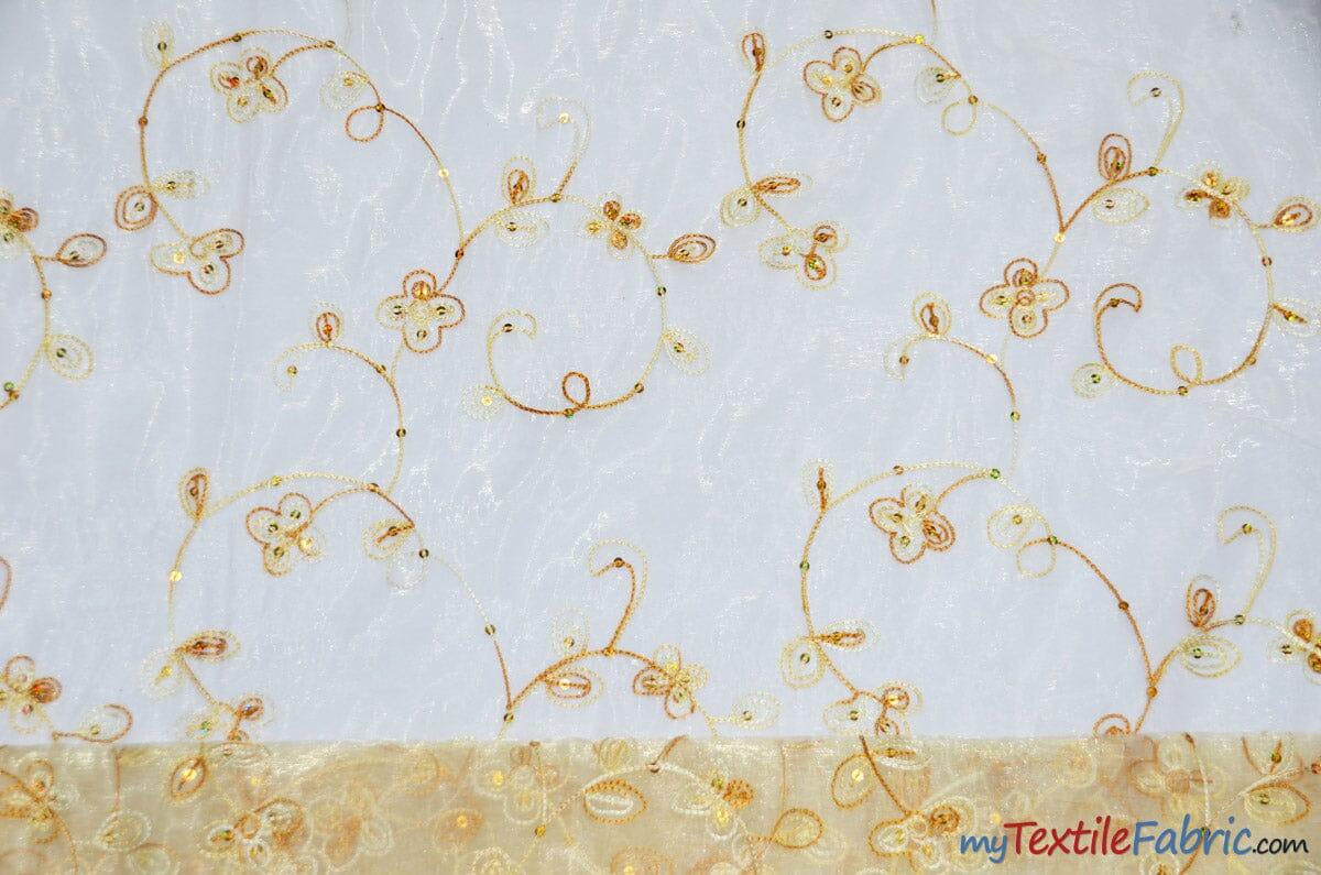 Dahlia Organza Embroidery Fabric | Embroidered Floral Sheer with Sequins Embellishment | 54" Wide | Multiple Colors | Fabric mytextilefabric Yards Gold