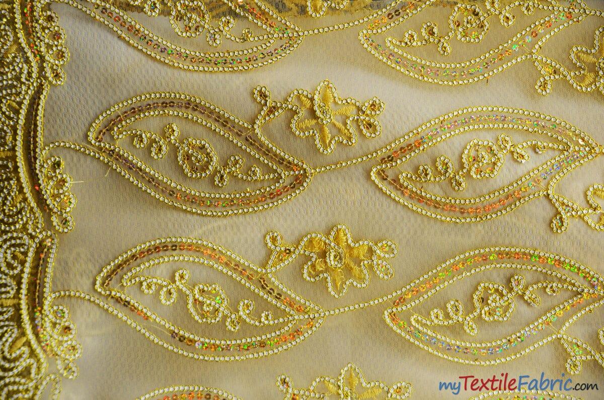 Coco Mango Sheer Embroidery | Double Scallop Lace | 52" Wide | 2 Colors Available | Fabric mytextilefabric Yards Gold