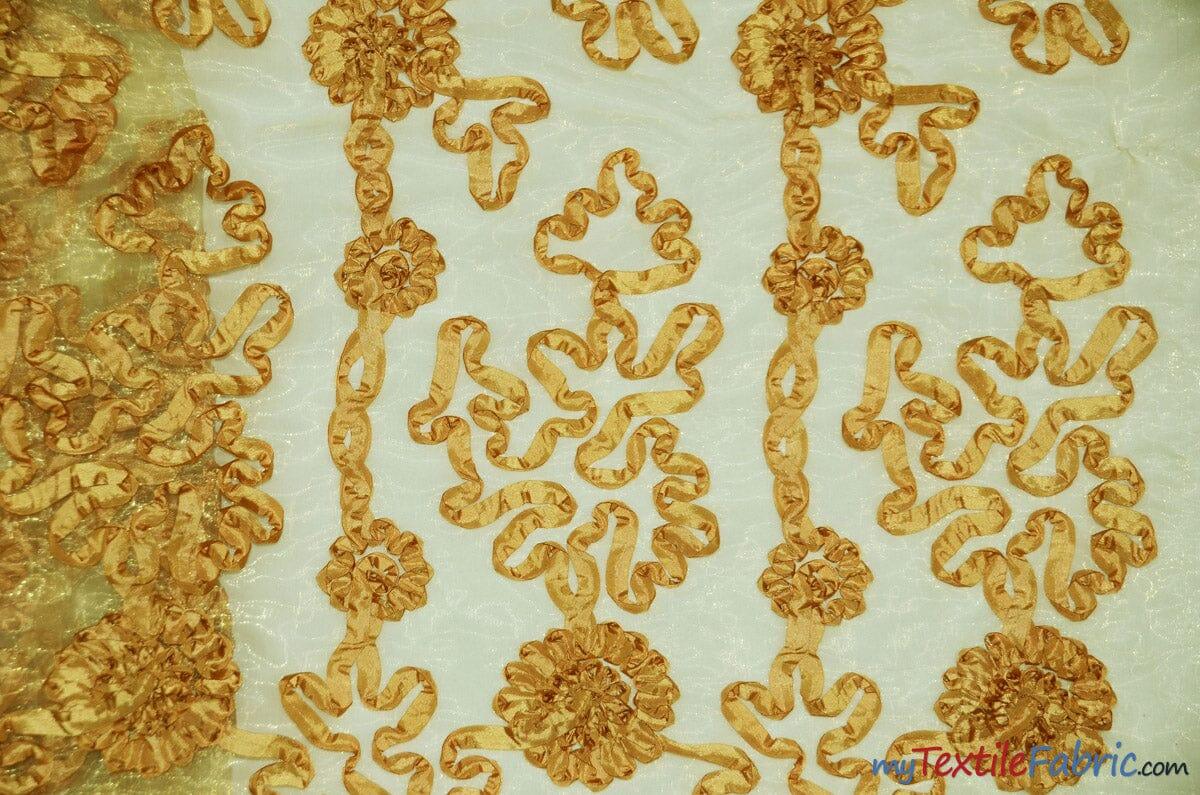 Luxury Organza Embroidery Fabric | Embroidered Ribbon Organza | 54" Wide | Multiple Colors | Fabric mytextilefabric Yards Gold