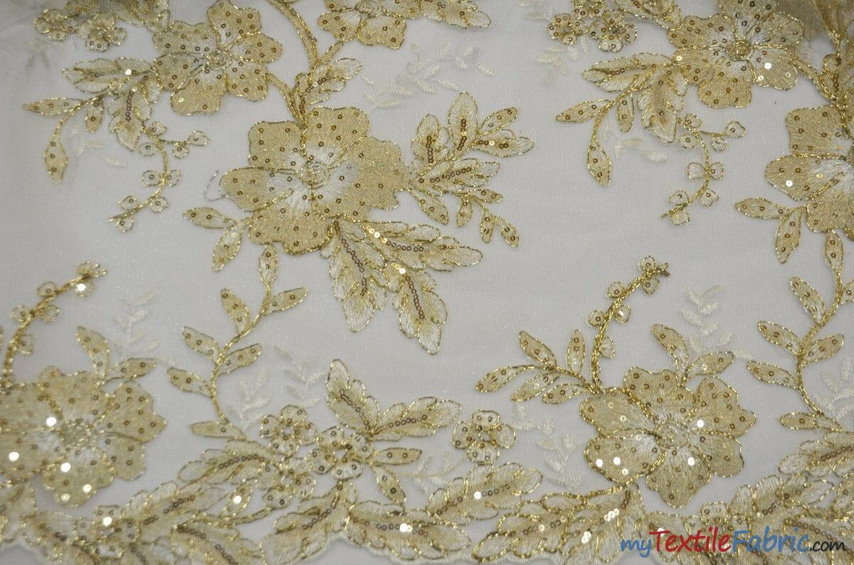 Edith Embroidery Fabric | Bridal Lace Design with Sequins | 52" Wide | Multiple Colors | Fabric mytextilefabric Yards Ivory Gold