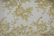 Load image into Gallery viewer, Edith Embroidery Fabric | Bridal Lace Design with Sequins | 52&quot; Wide | Multiple Colors | Fabric mytextilefabric Yards Ivory Gold 
