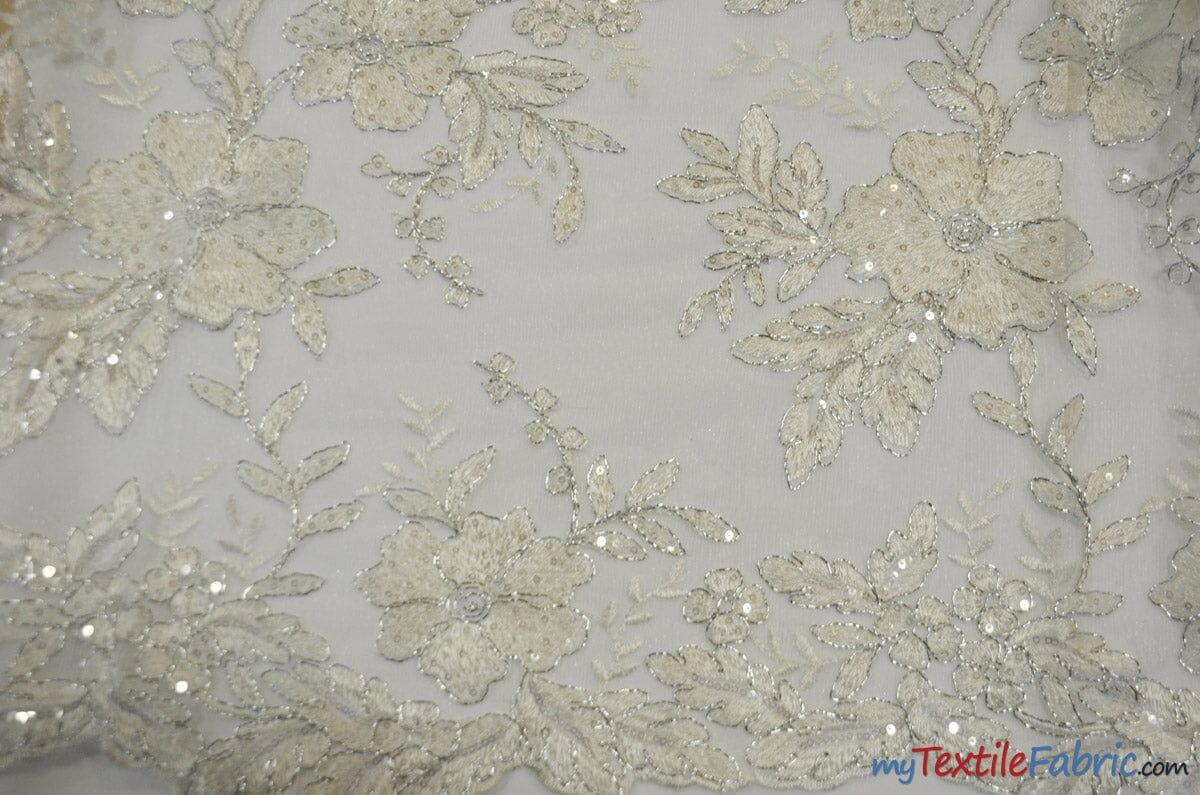 Edith Embroidery Fabric | Bridal Lace Design with Sequins | 52" Wide | Multiple Colors | Fabric mytextilefabric Yards Ivory Silver