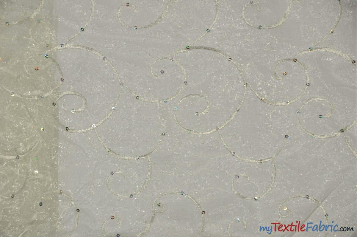 Ferial Organza Embroidery Fabric | Embroidered Floral Sheer with Sequins Embellishment | 54" Wide | Multiple Colors | Fabric mytextilefabric Yards Ivory