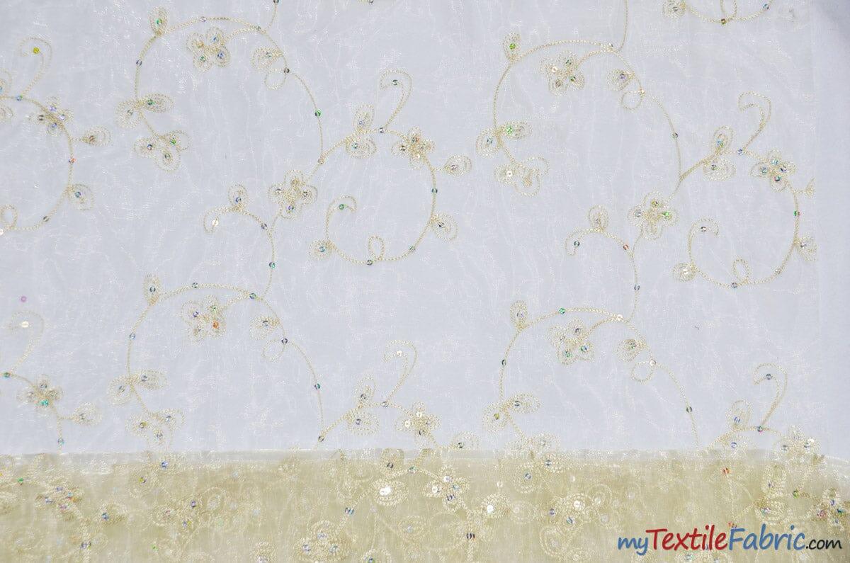 Dahlia Organza Embroidery Fabric | Embroidered Floral Sheer with Sequins Embellishment | 54" Wide | Multiple Colors | Fabric mytextilefabric Yards Ivory