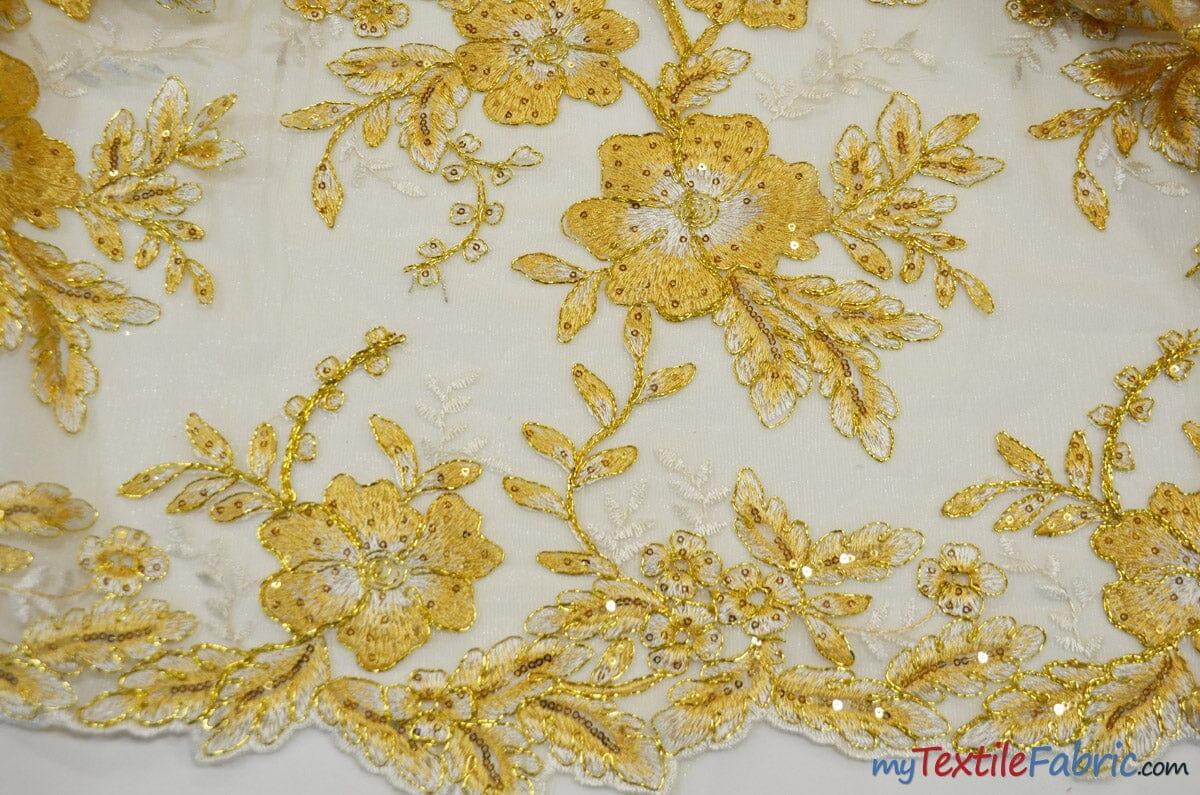Edith Embroidery Fabric | Bridal Lace Design with Sequins | 52" Wide | Multiple Colors | Fabric mytextilefabric Yards Light Gold