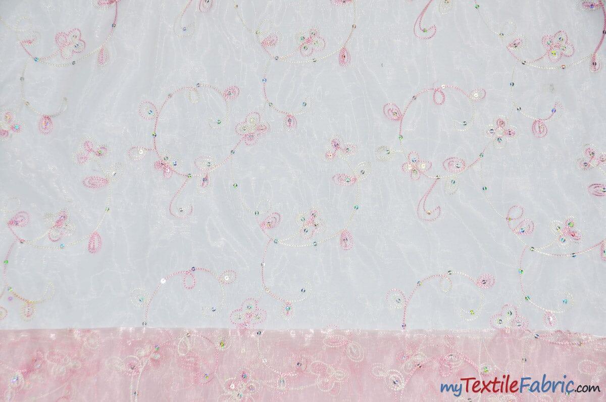 Dahlia Organza Embroidery Fabric | Embroidered Floral Sheer with Sequins Embellishment | 54" Wide | Multiple Colors | Fabric mytextilefabric Yards Light Pink