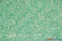 Load image into Gallery viewer, Rosette Satin Fabric | Wedding Satin Fabric | 54&quot; Wide | 3d Satin Floral Embroidery | Multiple Colors | Continuous Yards | Fabric mytextilefabric Yards Mint 
