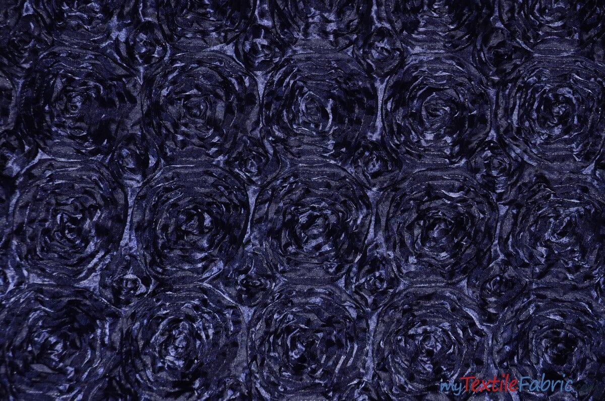 Rosette Satin Fabric | Wedding Satin Fabric | 54" Wide | 3d Satin Floral Embroidery | Multiple Colors | Continuous Yards | Fabric mytextilefabric Yards Navy Blue