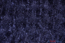 Load image into Gallery viewer, Rosette Satin Fabric | Wedding Satin Fabric | 54&quot; Wide | 3d Satin Floral Embroidery | Multiple Colors | Continuous Yards | Fabric mytextilefabric Yards Navy Blue 
