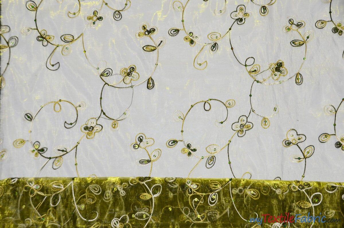 Dahlia Organza Embroidery Fabric | Embroidered Floral Sheer with Sequins Embellishment | 54" Wide | Multiple Colors | Fabric mytextilefabric Yards Olive