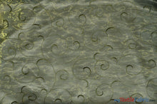 Load image into Gallery viewer, Swirl Organza Fabric | Embroidered Swirl Sheer | 54&quot; Wide | Multiple Colors | Fabric mytextilefabric Yards Olive 
