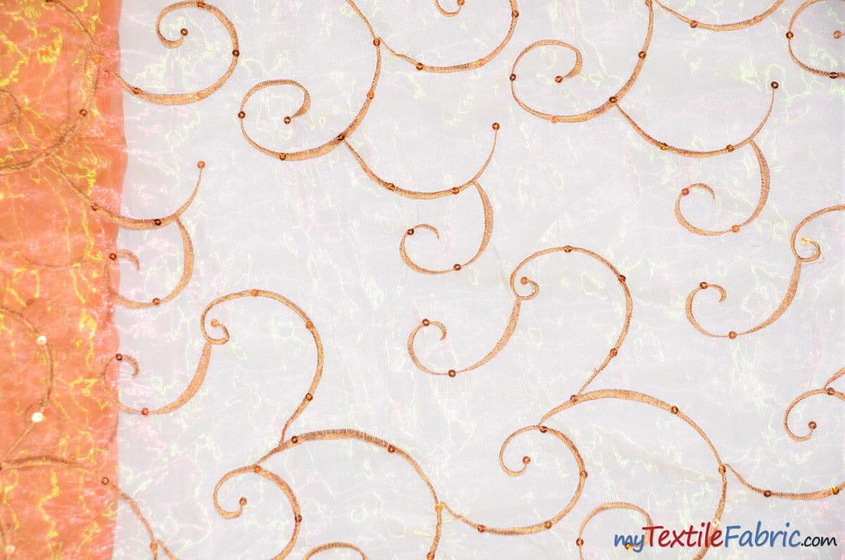 Ferial Organza Embroidery Fabric | Embroidered Floral Sheer with Sequins Embellishment | 54" Wide | Multiple Colors | Fabric mytextilefabric Yards Orange
