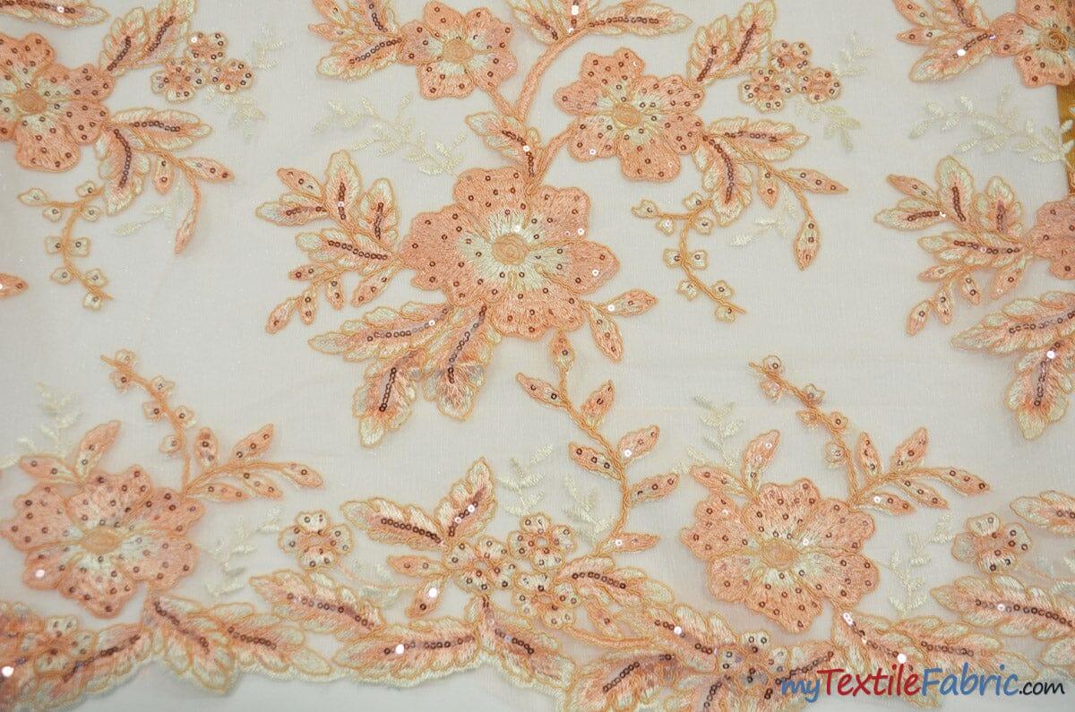 Edith Embroidery Fabric | Bridal Lace Design with Sequins | 52" Wide | Multiple Colors | Fabric mytextilefabric Yards Peach