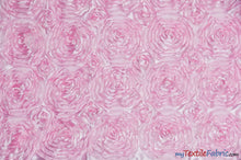 Load image into Gallery viewer, Rosette Satin Fabric | Wedding Satin Fabric | 54&quot; Wide | 3d Satin Floral Embroidery | Multiple Colors | Continuous Yards | Fabric mytextilefabric Yards Pink 
