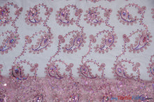 Load image into Gallery viewer, Coco Paisley Sheer Embroidery | Double Scallop Lace | 52&quot; Wide | Fabric mytextilefabric Yards Pink 
