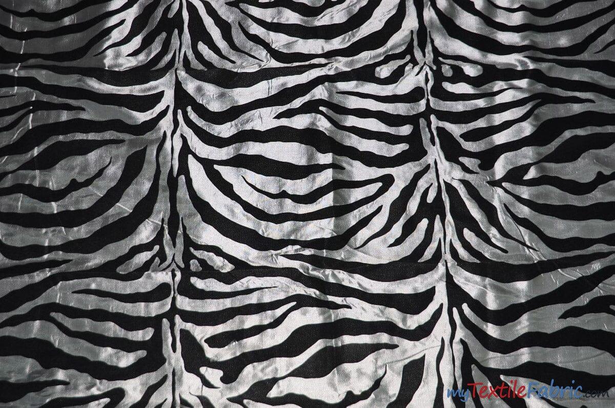 Zebra Flocking Taffeta | Flocking Velvet Zebra on Taffeta Fabric | 60" Wide | Curtains, Apparel, Cosplay, Costume, Decor | Fabric mytextilefabric Yards Platinum Zebra