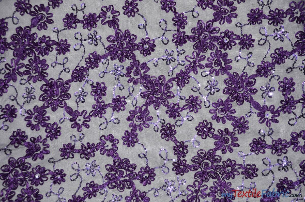 Luxury Mesh Embroidery Fabric | Embroidered Mesh Bridal Lace | 54" Wide | Multiple Colors | Fabric mytextilefabric Yards Plum