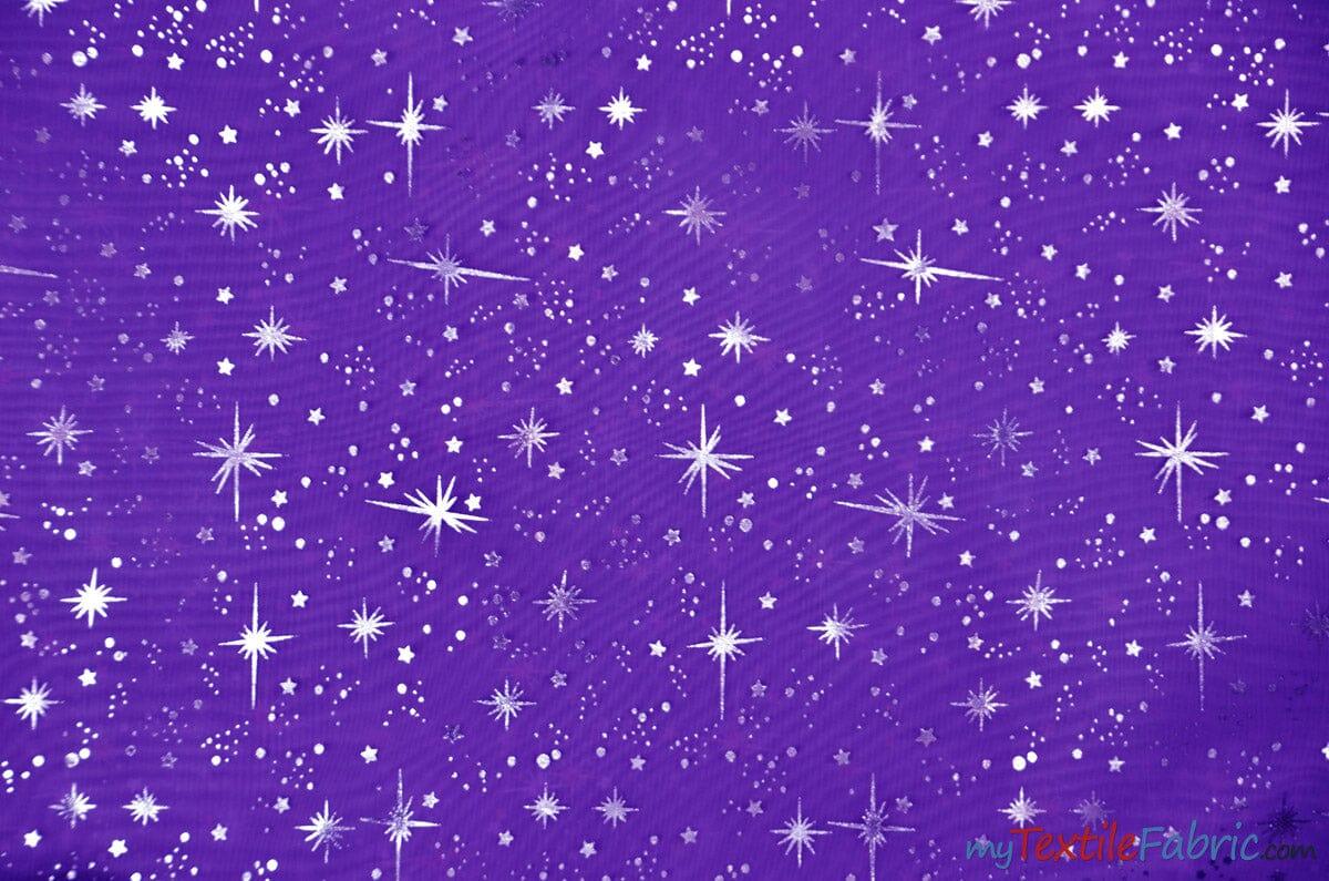 Shooting Star Foil Organza Fabric| 60" Wide | Sheer Organza with Foil Silver Metallic Star | Decor, Overlays, Accents, Dresses, Apparel | Fabric mytextilefabric Yards Purple