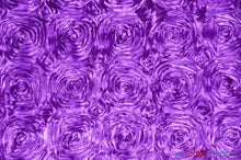 Load image into Gallery viewer, Rosette Satin Fabric | Wedding Satin Fabric | 54&quot; Wide | 3d Satin Floral Embroidery | Multiple Colors | Continuous Yards | Fabric mytextilefabric Yards Purple 
