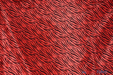 Load image into Gallery viewer, Zebra Flocking Taffeta | Flocking Velvet Zebra on Taffeta Fabric | 60&quot; Wide | Curtains, Apparel, Cosplay, Costume, Decor | Fabric mytextilefabric Yards Red Zebra 
